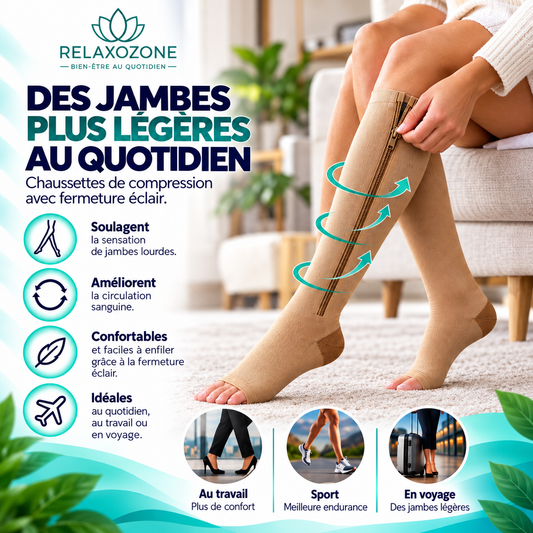 RelaxoVein™ – Chaussettes de Compression Zippées pour Varices et Jambes Lourdes